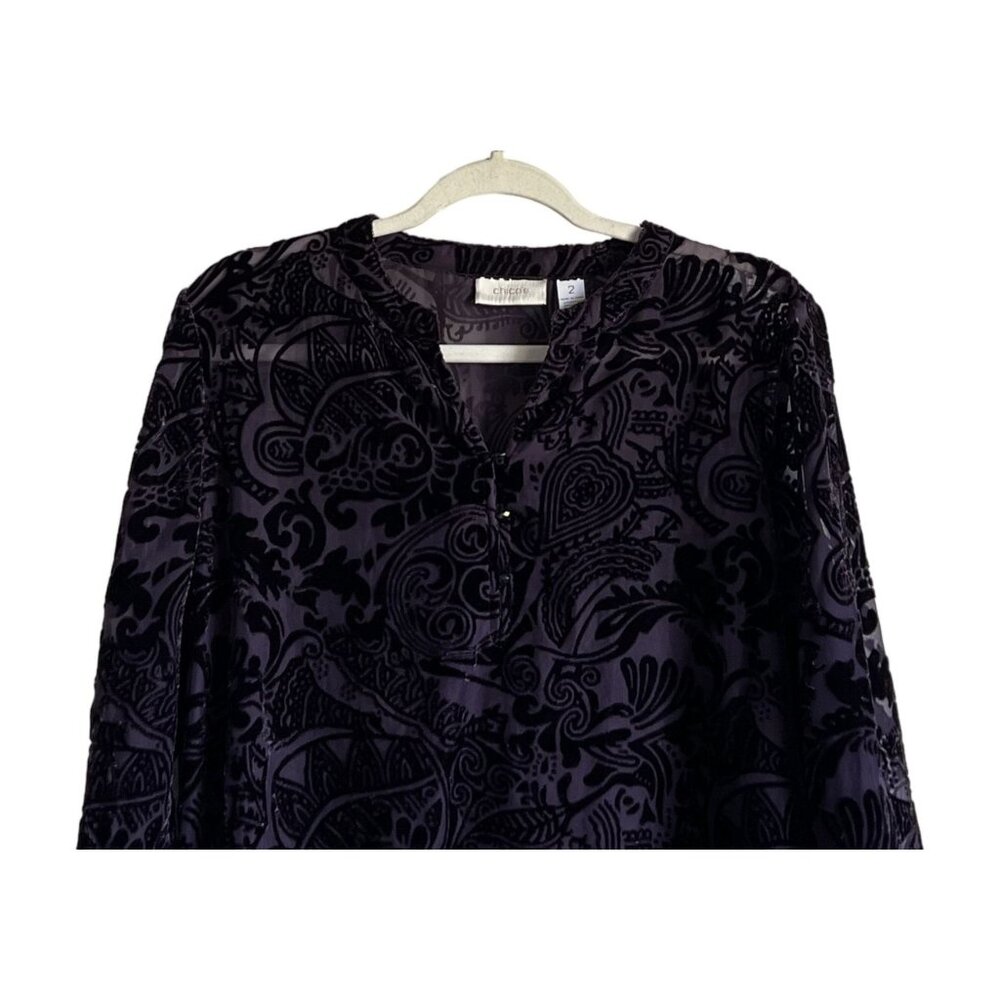 Chicos Womens Velvet Burnout Tunic Top Chicos Size 2 (L) Black Purple  VNeck - Picture 2 of 6